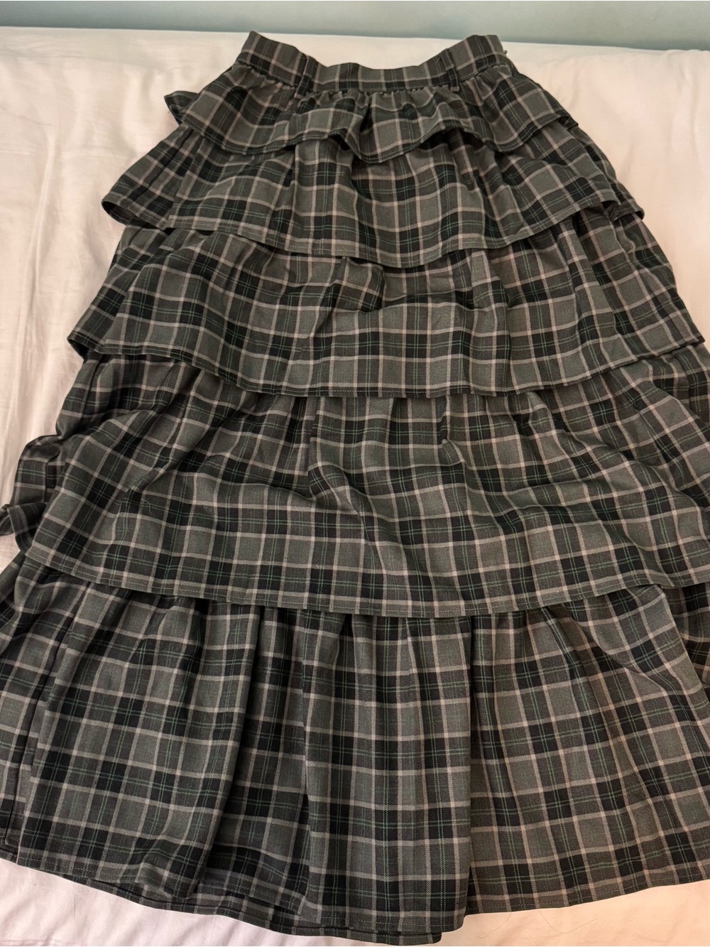 Fatt Unites with Vintage Asian Japanese tiered green grey plaid ruffle maxi S